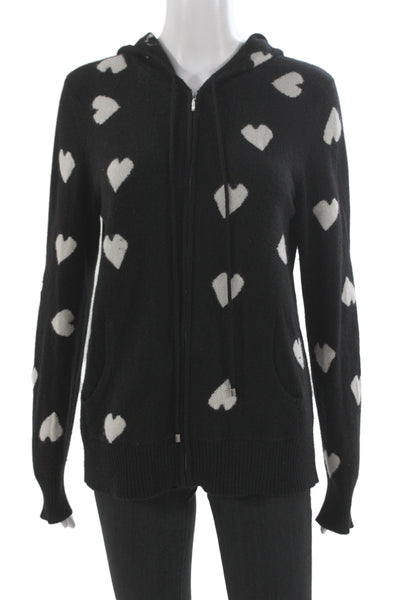 Ply Cashmere Women Full-zip Hoodie Black 100% Cashmere Drawstring Heart Size M