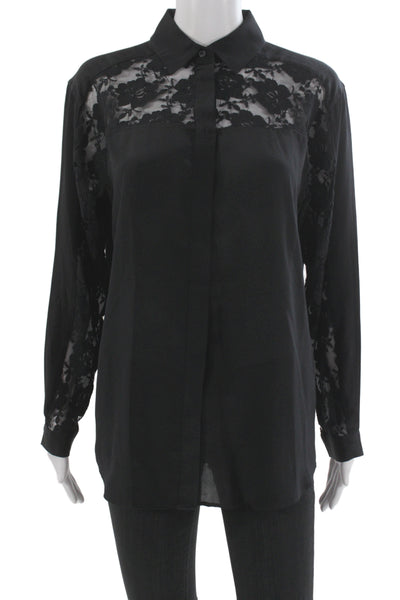 Allsaints Womens Black Lace Floral Collared Button Up Blouse Longsleeve Size 6
