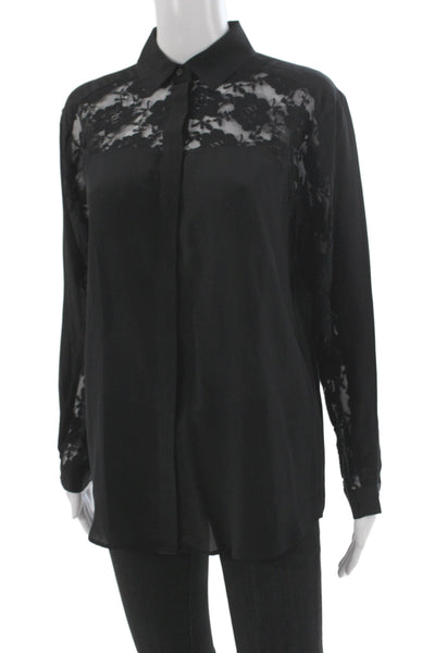 Allsaints Womens Black Lace Floral Collared Button Up Blouse Longsleeve Size 6
