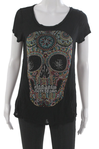 Lauren Moshi Women Black Jersey Tee Skull Graphic Cotton Short Sleeve Size M