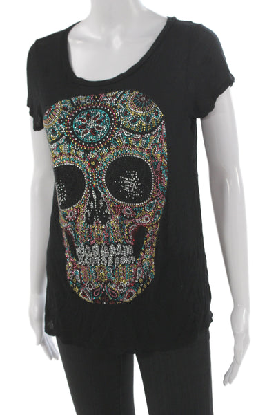 Lauren Moshi Women Black Jersey Tee Skull Graphic Cotton Short Sleeve Size M