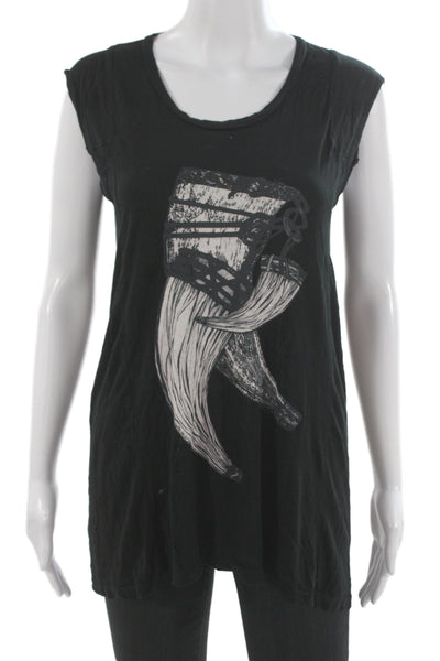 Lauren Moshi Women Black Micro Modal Graphic Tank Sleeveless Round Neck Size M