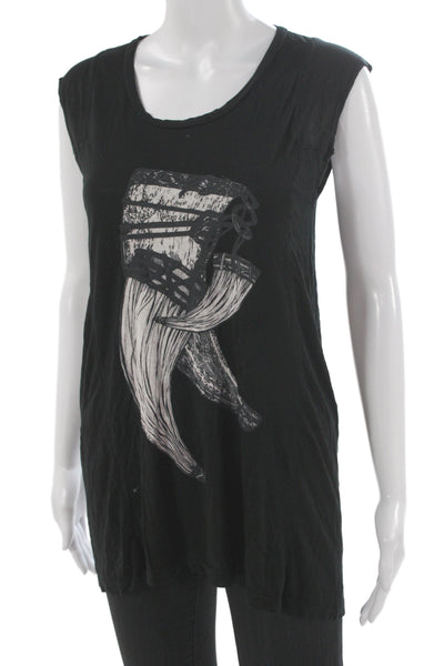 Lauren Moshi Women Black Micro Modal Graphic Tank Sleeveless Round Neck Size M