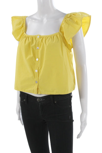 Nation Los Angeles Womens Cropped Button Up Blouse Yellow Cotton Size M