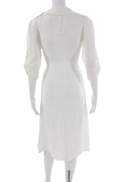 Playa Lucila Womens Shirt Dress White 3/4 Sleeve Mid Calf Viscose Size M