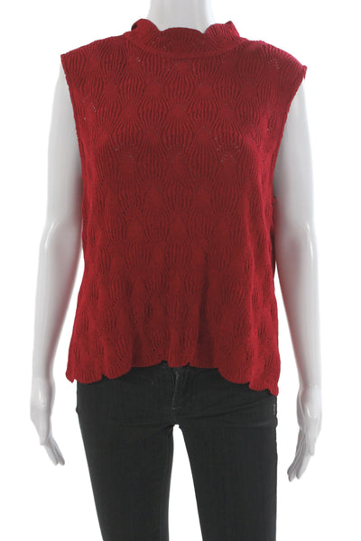 St. John Women Lace Cotton Mock Neck Sleeveless Blouse Red Size L