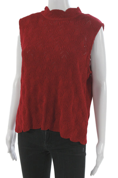 St. John Women Lace Cotton Mock Neck Sleeveless Blouse Red Size L