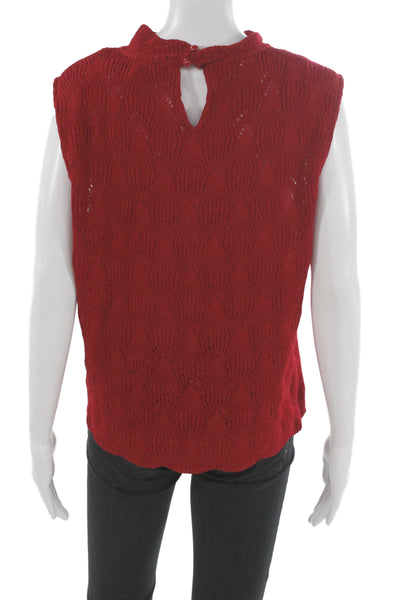 St. John Women Lace Cotton Mock Neck Sleeveless Blouse Red Size L