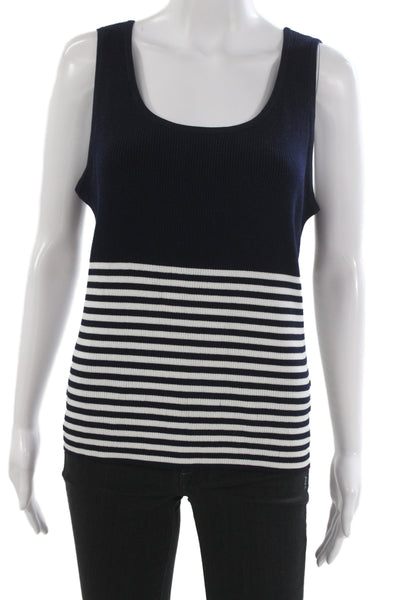 St. John Women Nautical Striped Dark Blue Sleeveless Basic Tank Size L