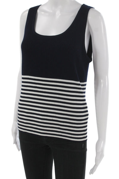 St. John Women Nautical Striped Dark Blue Sleeveless Basic Tank Size L