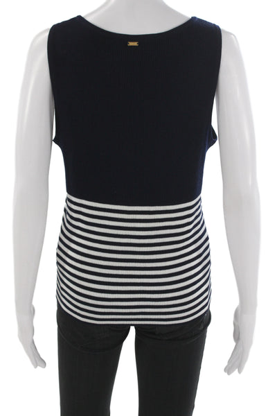 St. John Women Nautical Striped Dark Blue Sleeveless Basic Tank Size L