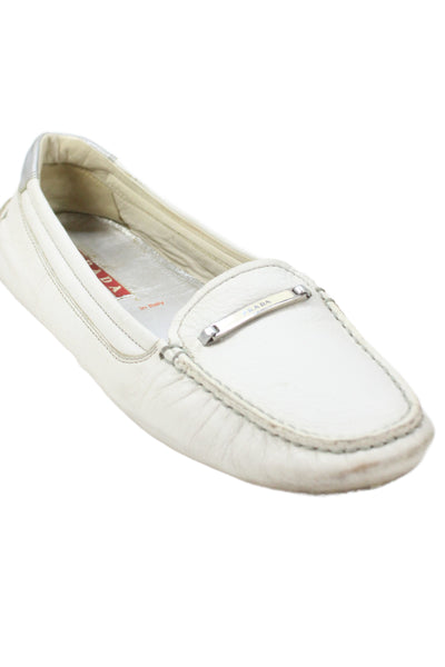 Prada Womens Leather Metal Bar Loafer White Size 7.5