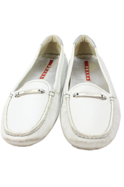 Prada Womens Leather Metal Bar Loafer White Size 7.5