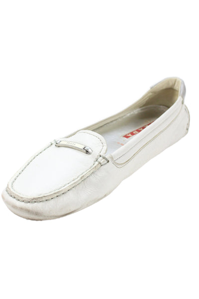 Prada Womens Leather Metal Bar Loafer White Size 7.5