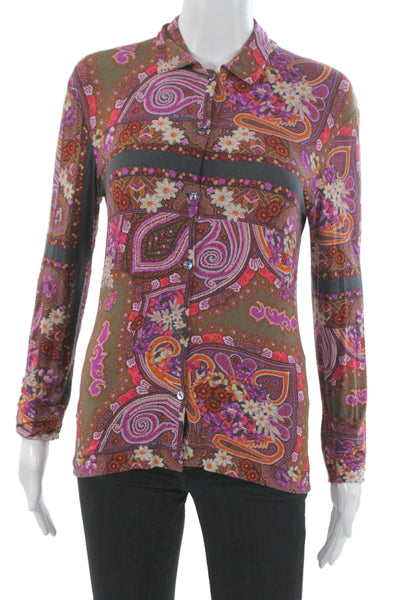Etro Milano Women Paisley Collared Blouse Brown Long Sleeve Button Up Size 12
