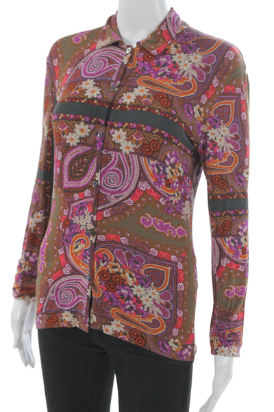 Etro Milano Women Paisley Collared Blouse Brown Long Sleeve Button Up Size 12