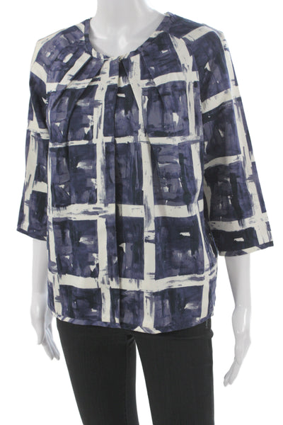 Simply Vera Vera Wang Women Dark Blue Geometric 3/4 Sleeve Blouse Size S
