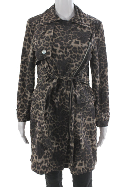 Calvin Klein Womens Black Leopard Trench Coat Long Sleeve Collared Size S