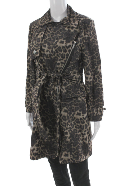 Calvin Klein Womens Black Leopard Trench Coat Long Sleeve Collared Size S