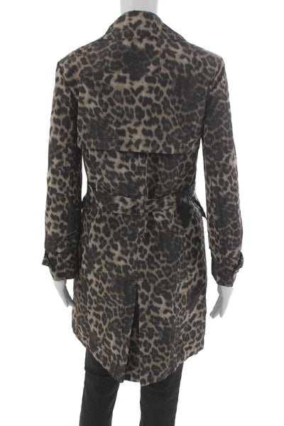 Calvin Klein Womens Black Leopard Trench Coat Long Sleeve Collared Size S