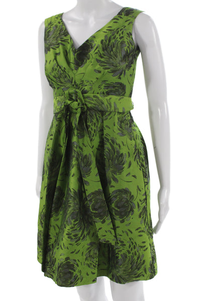 Eva Franco Women Fit & Flare Floral Green VNeck Tie Sleeveless Mini Dress Size 4
