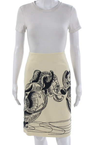 Carolina Herrera Women Beige Graphic Pencil Mini Skirt Cotton Polyester Size 6