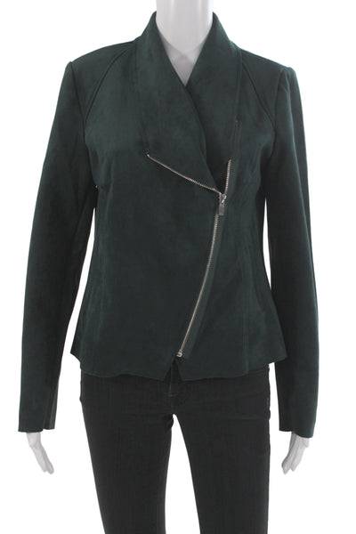 T Tahari Women Motorcycle Jacket Green Zip Long Sleeve Polyester Spandex Size M