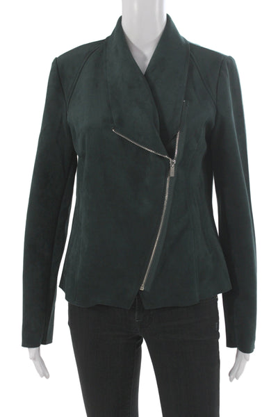 T Tahari Women Motorcycle Jacket Green Zip Long Sleeve Polyester Spandex Size M