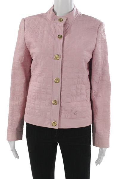 St. John Women Quilted Lamb Leather Jacket Pink Mock Neck Long Sleeve Size S