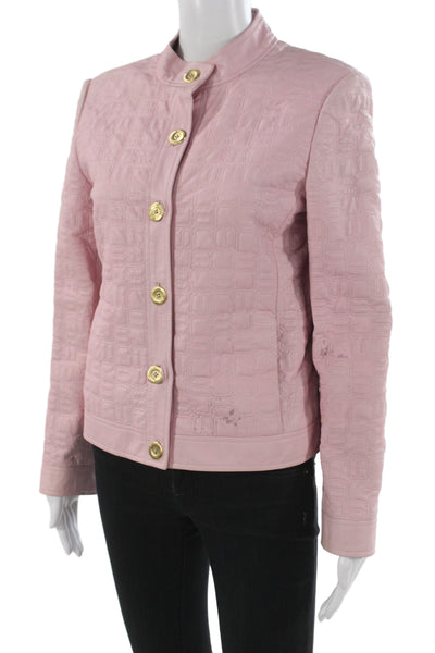 St. John Women Quilted Lamb Leather Jacket Pink Mock Neck Long Sleeve Size S