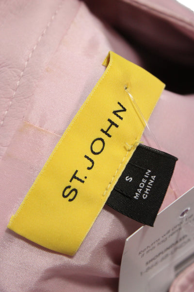 St. John Women Quilted Lamb Leather Jacket Pink Mock Neck Long Sleeve Size S