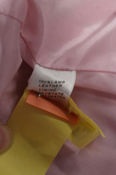St. John Women Quilted Lamb Leather Jacket Pink Mock Neck Long Sleeve Size S