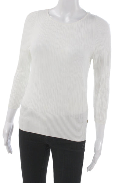 Chanel Womens Striped Round Neck Button Basic Sweater White Size 34