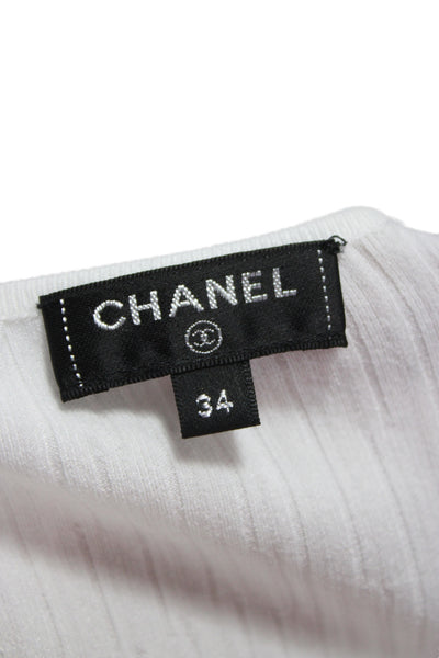Chanel Womens Striped Round Neck Button Basic Sweater White Size 34