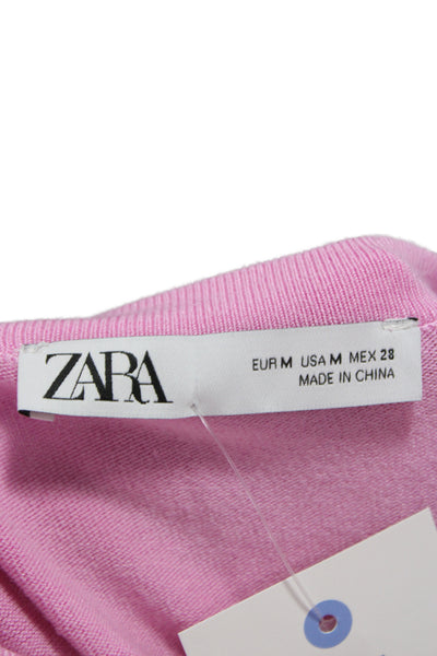 Zara Unisex Pink Crewneck Pullover Sweater Button Long Sleeve Size M