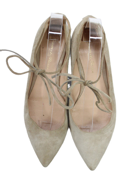 Gianvito Rossi Womens Suede Pointed Toe Lace Up Ballet Flats Beige Size 36 6