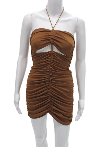 Zara Women Bodycon Mini Dress Brown Sleeveless Tie Polyester Size S