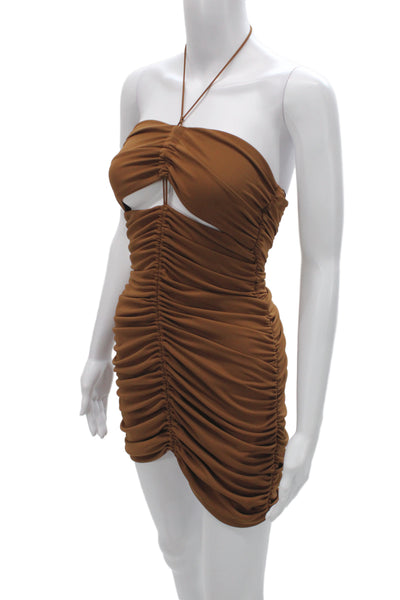 Zara Women Bodycon Mini Dress Brown Sleeveless Tie Polyester Size S