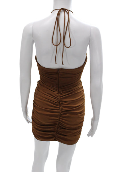 Zara Women Bodycon Mini Dress Brown Sleeveless Tie Polyester Size S