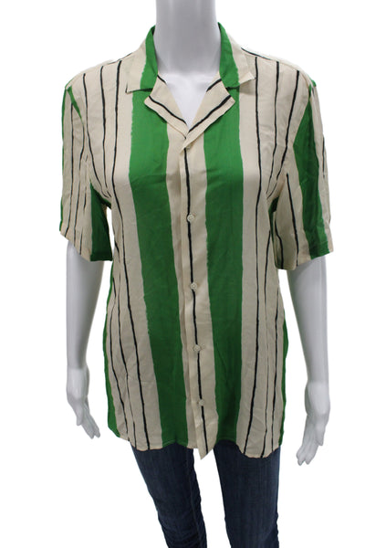 Zara Mens Collared Striped Button-Up Short Sleeve Beige Cotton Polyester Size S