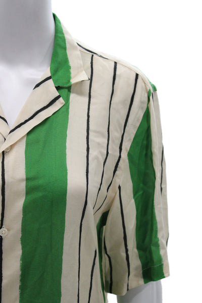 Zara Mens Collared Striped Button-Up Short Sleeve Beige Cotton Polyester Size S
