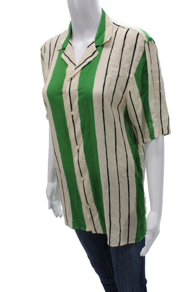 Zara Mens Collared Striped Button-Up Short Sleeve Beige Cotton Polyester Size S