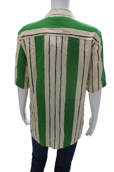 Zara Mens Collared Striped Button-Up Short Sleeve Beige Cotton Polyester Size S