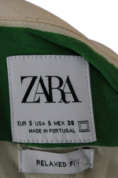 Zara Mens Collared Striped Button-Up Short Sleeve Beige Cotton Polyester Size S