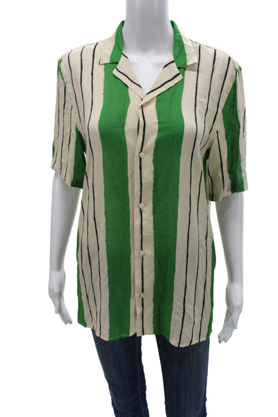 Zara Womens Beige Striped Collared Short Sleeve Button-Up Viscose 90s Size S