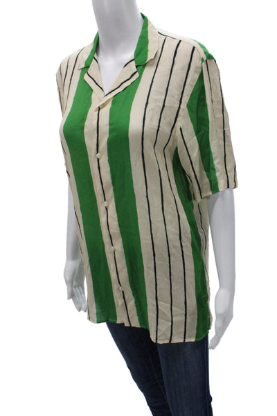Zara Womens Beige Striped Collared Short Sleeve Button-Up Viscose 90s Size S