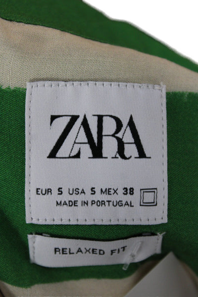 Zara Womens Beige Striped Collared Short Sleeve Button-Up Viscose 90s Size S