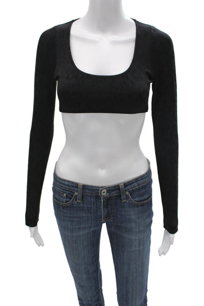 Solid & Striped Womens Cropped Leopard Square Neck Long Sleeve Top Black Size M
