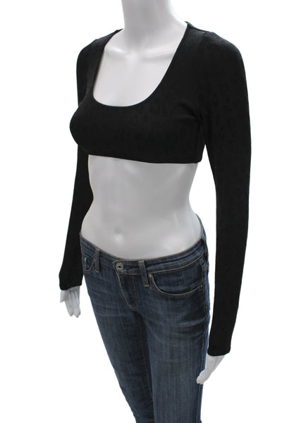 Solid & Striped Womens Cropped Leopard Square Neck Long Sleeve Top Black Size M