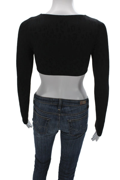 Solid & Striped Womens Cropped Leopard Square Neck Long Sleeve Top Black Size M